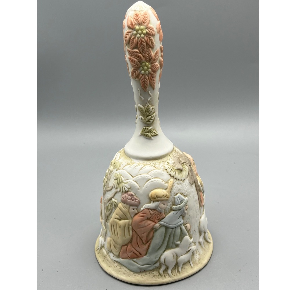 Vintage Lefton Bisque Porcelain Nativity Bell "O Come All Ye Faithful" 1982.